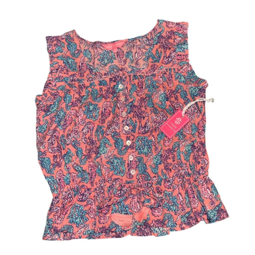 Simply Southern Women’s Sleeveless Ruffle Top, Coral/Seahorse Print, small